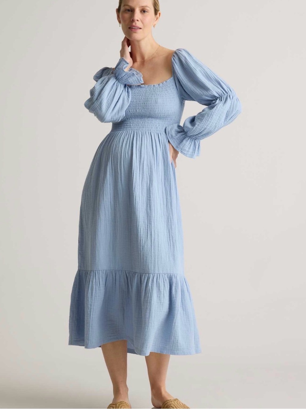 New Quince L Maternity gauze ocean breeze organic cotton smocked midi dress